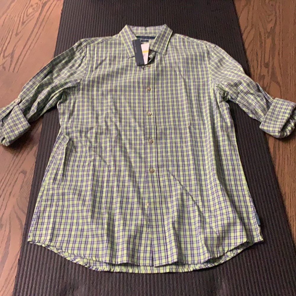 Perry Ellis Checkered Plaid Slim Button Down Green Purple - Picture 3 of 8